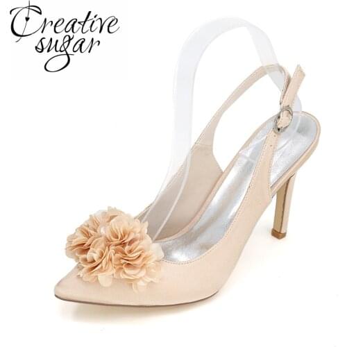 Creativesugar Pointed toe slingback satin dress shoes 3D flower petal elegant pumps wedding prom cocktail lady heels champagne