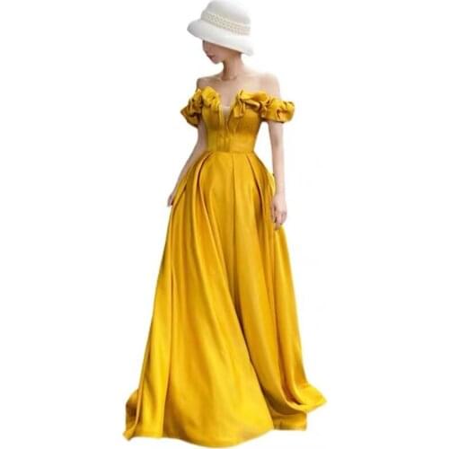 Evening Dresses French Style Princess Gowns Short Ruffles Sleeve Button Celebrity Off Shoulder Prom Gowns LD04347