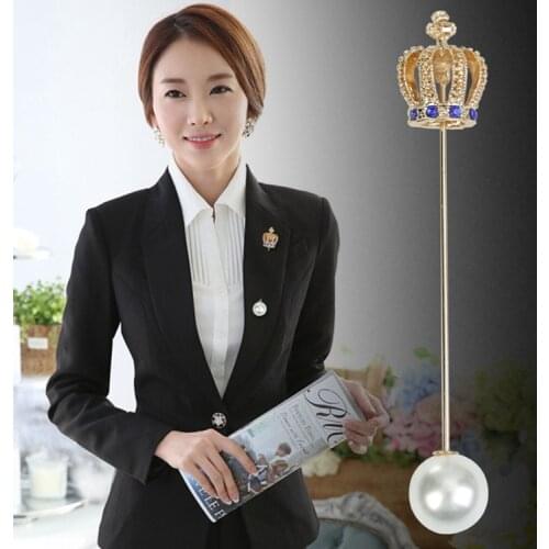 I-Remiel Rhinestone Pearl Long Needle Brooch Crown Pins and Brooches for Women Shawl Buckle Cardigan Shirt Collar Accessories
