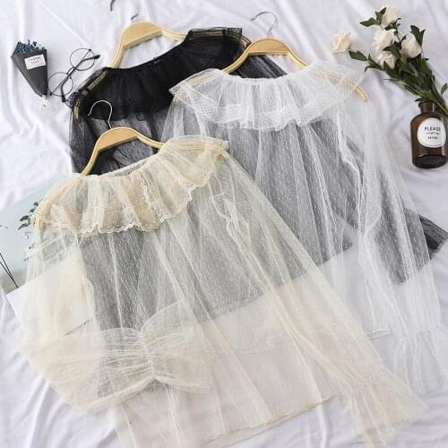 Women Summer Flare Sleeve Peter pan Collar Ruffles Lace Shirt Casual Sexy Slim High Waist Pullover Mesh Gauze Voile Blouse Tops