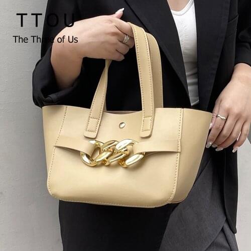 PU Leather Portable Bucket Tote Bag for Women 2021 Fashion Trendy Casual Ladies Handbag Thick Chain Decorative Shoulder Bag