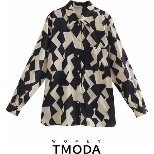 TMODA1875 Za Women 2021 Fashion Pockets Geometric Print Blouses Vintage Long Sleeve Button-up Female Shirts Blusas Chic Tops