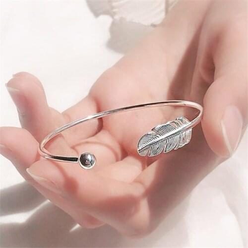 Free Shipping 2020 Plant Leaf Feather Shape Wrist Bangles For Woman Female 925 Sterling Silver Round Beads High Quality Jewelry