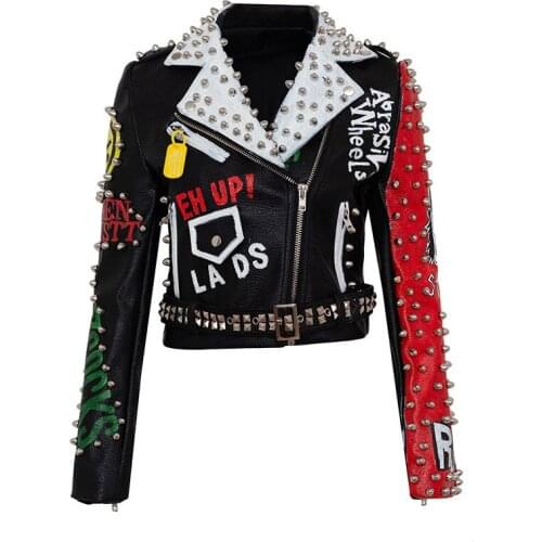 Punk Style DJ Costume Faux Leather Jacket Women Foosters Pattern Rivet High Waist Motor Jackets