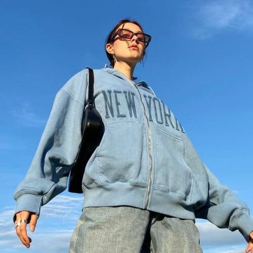 Womens sweatshirt Retro haze blue hooded sweater coat womens cardigan zipper aesthetic y2k clothes poleron woman harajuku y2k