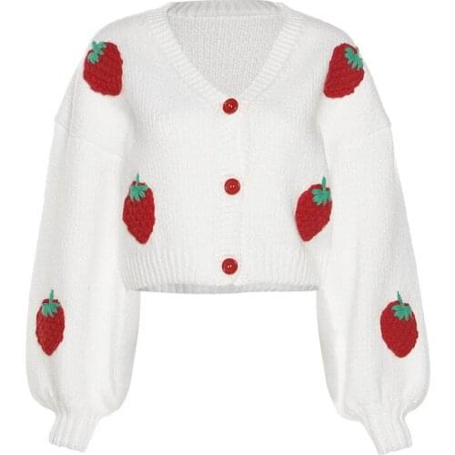 Autumn and winter new womens fashion design single-breasted V-neck knitted cardigan strawberry long-sleeved sweater