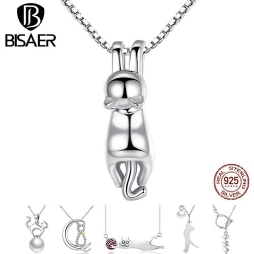 BISAER Hot Sale 925 Sterling Silver Lovely Cat Long Tail Cat Kitten Necklaces Pendants for Women Sterling Silver Jewelry ECN032
