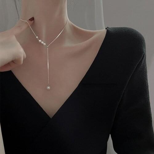 VENTFILLE 925 Sterling Silver Pearl Tassel Adjustable Necklace for Women French Simple Light Luxury Clavicle Chain Gift