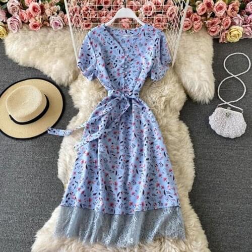 2021 Elegant Floral V-neck Print Chiffon Summer Dress Short Sleeve Bandage Lace Fine Stitch Womens Mid Calf Dress SP1142