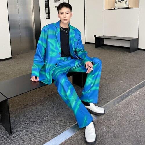Colorful Print Blue Suit Pants Men Vintage Fashion Show Loose Casual Party Suit Pants Male Streetwear Hip Hop Trousers