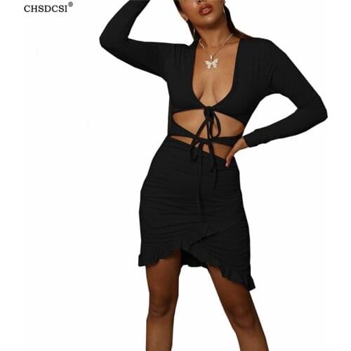 CHSDCSI Hollow Waist Long Sleeve Sexy Dress Deep V-Neck Bandage Short Ruffle Women Autumn Mini Dresses Ladies Strap Clubwear