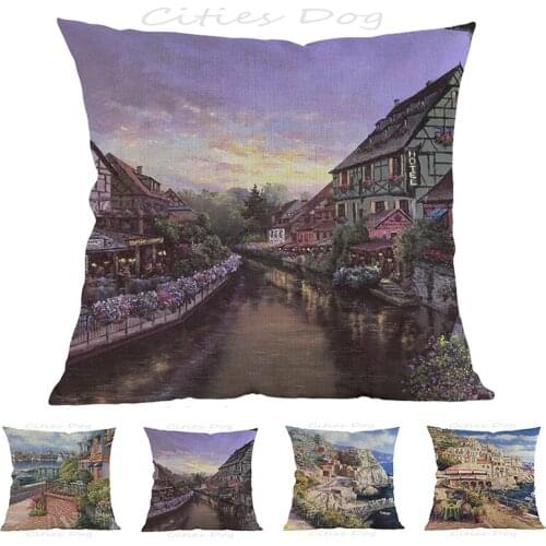 Rural style riverside sunset painting art 45*45cm square pillow case Cushion cover bar sofa pillow cushion coves