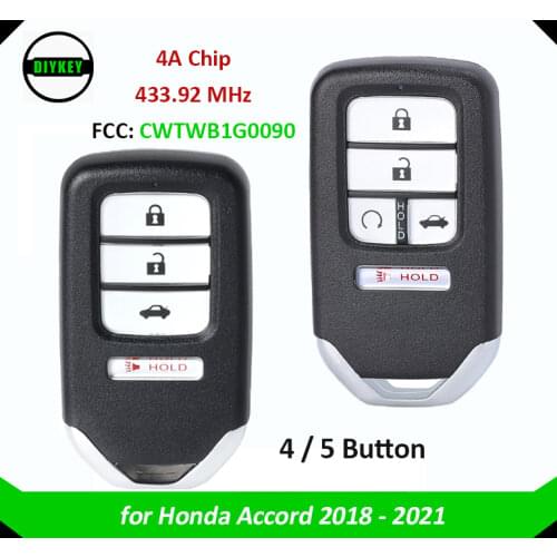 DIYKEY Smart Key Remote 4 / 5 Button 433MHz NCF29A3 / HITAG AES / 4A for Honda Accord 2018-2019 FCC: CWTWB1G0090 72147-TVA-A11