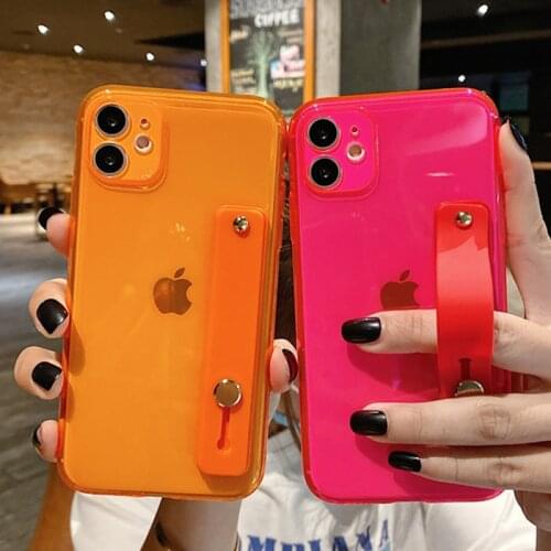 Fluorescent Clean Wrist Strap Phone Case For iPhone 11 12 Pro X Xr Xs Max 12 Mini SE2 6 6S 7 8 Plus Soft Silicone TPU Back Cover