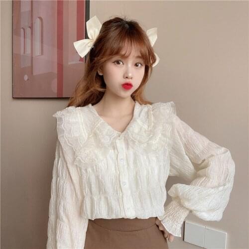 French Retro Palace Lolita Women Blouses Long Sleeve Chiffon Womens Shirt Fashion Sweet Peter Pan Collar Party Wedding Blusas