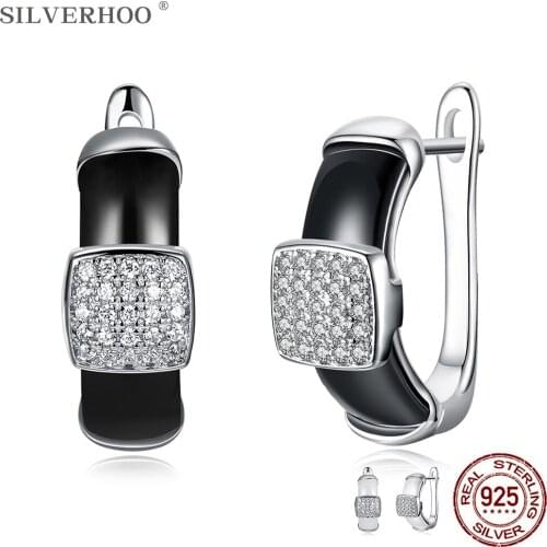 SILVERHOO Geometry Square Full Cubic Zirconia Clip Earrings Real Sterling Silver 925 Jewelry For Women Trendy Ceramics Earring