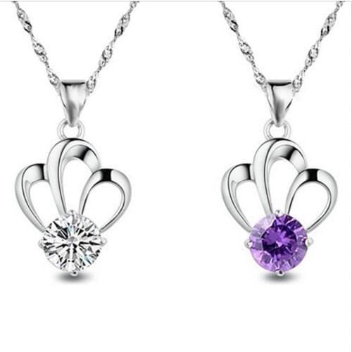 TJP Exquisite 925 Silver Women Pendants Necklace Jewelry Fashion Girl Crystal Purple Choker Necklace For Lady Bride Engagement