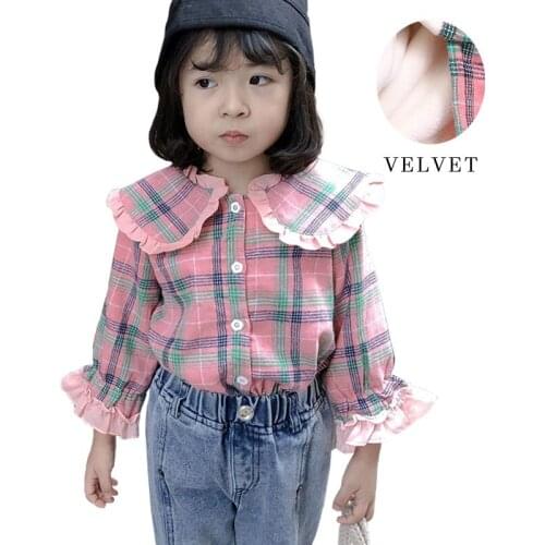 Baby Girls Plaid Shirt Toddler Turn Down Collar Tops Thick Warm Velvet Blouse Long Sleeve Girl Shirts Casual Childrens Clothing