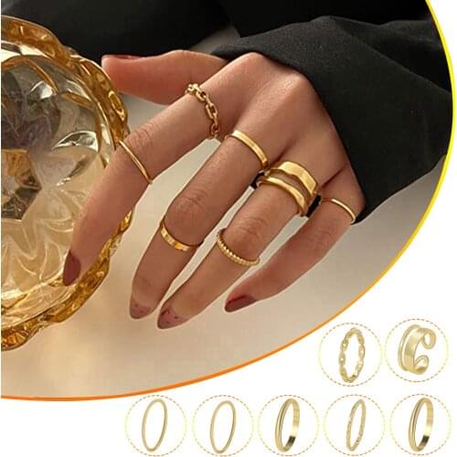 Punk Gold Wide Chain Rings Set For Women Girls Teen Girls Chain Stacking Ring Knuckle Irregular Finger Thin Rings Gifts Jewelry