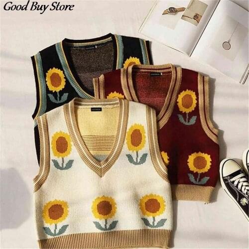 Korean Style Simple Waistcoat Vintage Sunflower Sweater Vest Spring Autumn Knit Pullover Sleeveless Jumper V Neck Clothes Tops