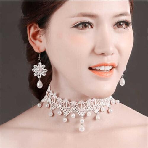 Fashion Drop Bridal Necklace Lace Earrings Choker Beads White Wedding Flower for Women