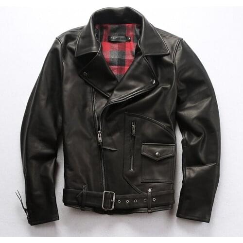 Mens Genuine LeatherJacket Top Layer Cowhide Diagonal Zipper Belt Cowhide Motorcycle Leather Jacket