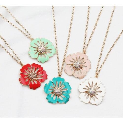 New Fashion Spring Enamel Colorful Flower Sweater Chain Necklace Crystal Big Flower Pendant Long Chain Necklace Jewelry