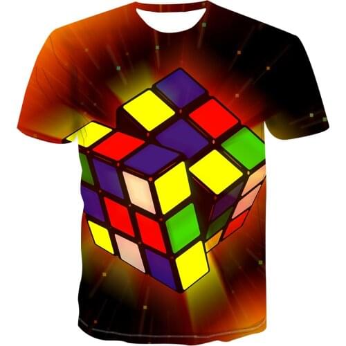 2021 Summer New Rubik 3D Mens and Womens Round Neck Rubiks Cube Pocket Short-sleeved T-shirt Childrens Casual Top