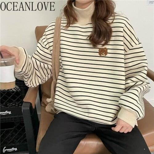 OCEANLOVE Striped Sweatshirts Emboridered Turtleneck Autumn Winter Preppy BF Style Women Hoodies Fleece 2021 Sudaderas
