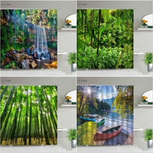 Autumn Forest Plant Landscape Shower Curtains Set Waterfall Natural Scenery Wall Hanging Bathroom Decor Screen Fabric With Hooks