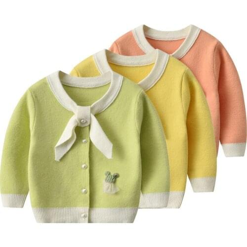 2 3 4 5 Years Baby Girl Sweater Autumn Fashion Tie Pearl Button Knit Cardigan For Girl Child Sweater Coat Kids Clothes Tops 2020