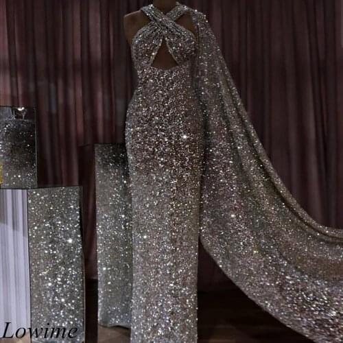 Luxury Sparkly Silver Dubai Evening Dresses 2019 Long Mermaid Plus Size Criss Cross Arabic Prom Party Gowns With Long Cloak