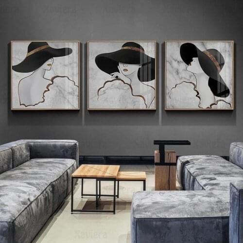 Luxury Posters Wall Art Modern Nordic Fashion Elegant Women Hat Marble Canvas Painting Wall Pictures for Living Room Home Decor