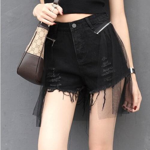 2021 New Women Fashion Zipper Stitched Mesh Hole Tassel Denim Shorts Pole Dance High Waist Shorts Jeans Feminino