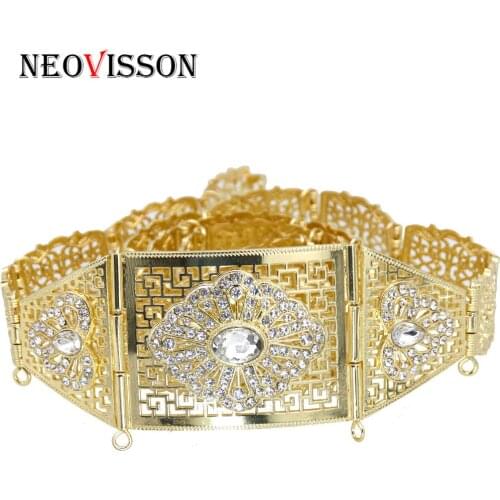 NEOVISSON Gold Color Caftan Metal Waist Belt Women Morcco Ethnic Wedding Body Jewelry Adjustable Length Rhinestone Belly Chain