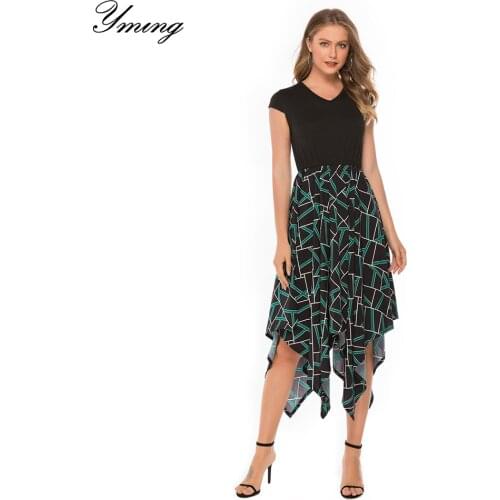 YMING Womens Summer Short Sleeve Print Dress Fashion V-Neck Irregular Dress Friends Party Holiday Travel Daily Commuting Dress