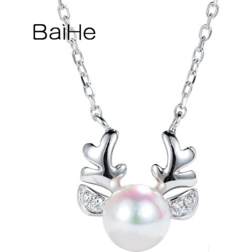 BAIHE Solid 18K White Gold 5-5.5mm Pearl 0.02ct Diamonds Delicate Fine Jewelry Animal Deer Necklaces Women Christmas Gift Girl