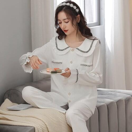 White 2PCS Pater Pan Collar Pyjamas Sets Loungewear Cotton Sleepwear Nightwear Bud Full Sleeve&Pant Pajamas Summer Home Wear