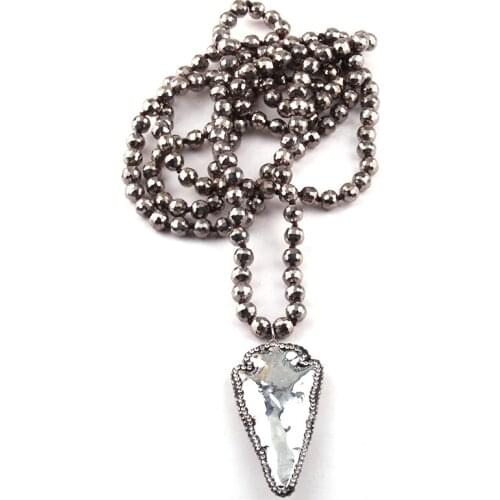 Free Shipping Fashion Bohemian Tribal Jewelry 8mm Glass Ball Knotted Handmake Paved Arrowhead Pendant Ethnic Necklace