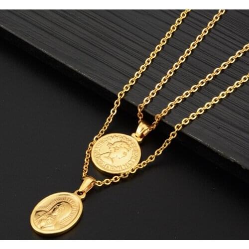 Stainless Steel Double Matrona Mary Queen Set Pendant Necklace Personaliy Chain Hip Hop Trendy Jewelry Men Women Gift Cool Boy