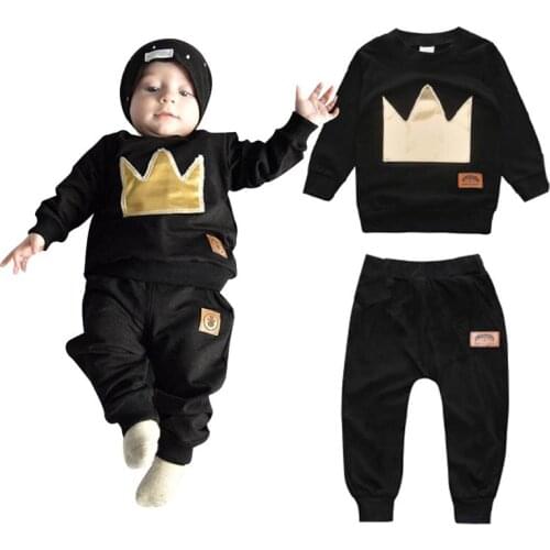 Child Clothes Spring Kid Long Sleeve Sweater Trousers Baby Crown Embroidery Black Set Infant Boy Girl Leisure 2Pcs Tracksuit