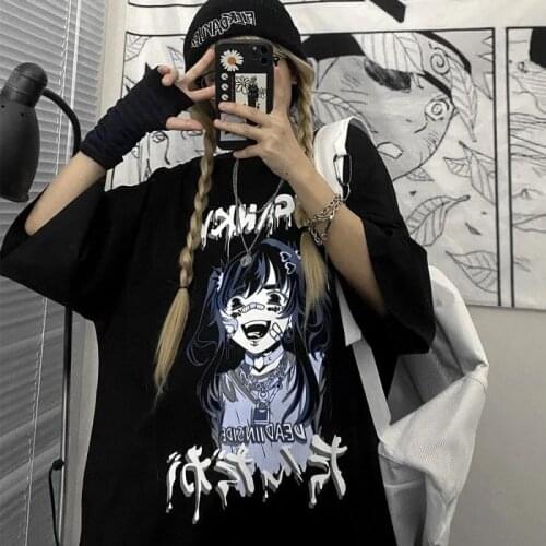 Japan Anime Punk Bad girl Print Loose T-shirt Harajuku Cartoon Streetwear top Women Shirt vintage clothes tshirt Streetwear Y2k