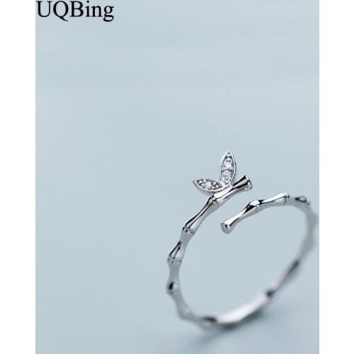 925 Sterling Silver Rhinestone Butterfly Rings Bamboo Open Rings Jewelry