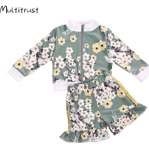 2020 Infant Baby Girls Long Sleeved Outfits Set Sweet Flower Zipper Cardigan Top+Ruffles Elastic Waist Short Pants 2Pcs