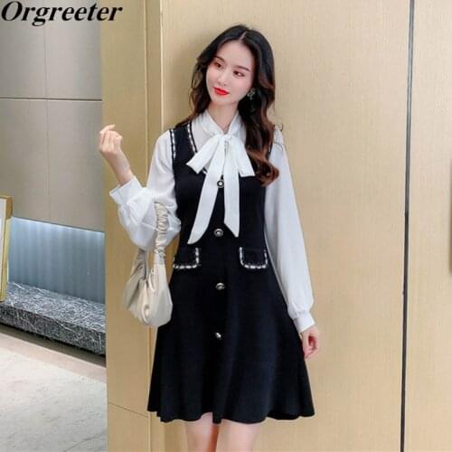 Small Fragrant Vintage Fake Two Piece Set Sweater Dress Autumn New Bow Collar Long Sleeve Chiffon Patchwork A-line Knitted Dress