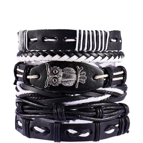 European and American popular owl retro punk multi-layer set mens bracelet for women leather bracelet for men Accessories gifts