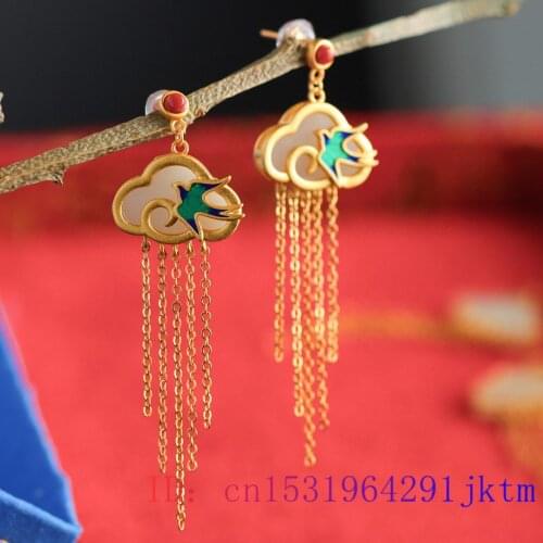 Jade Swallow Ear Studs Gifts Amulet Crystal Natural Gemstone Bird 925 Silver Chalcedony Fashion White Earrings Women Zircon