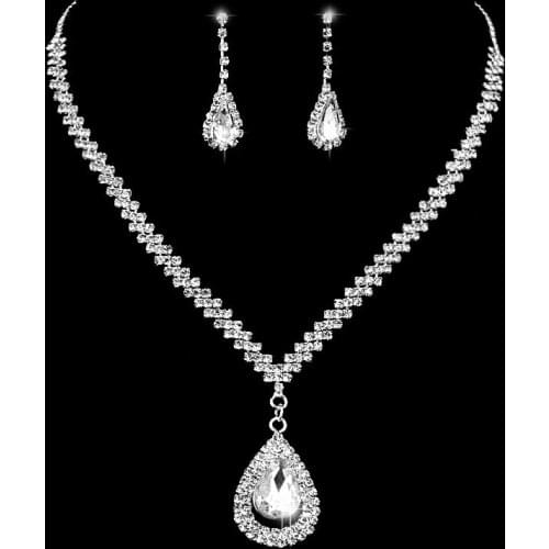 New Diamante Crystal Rhinestone Bridal Jewelry Sets Silver Plated Waterdrop Pendant Necklace Earrings Wedding Party Accessories