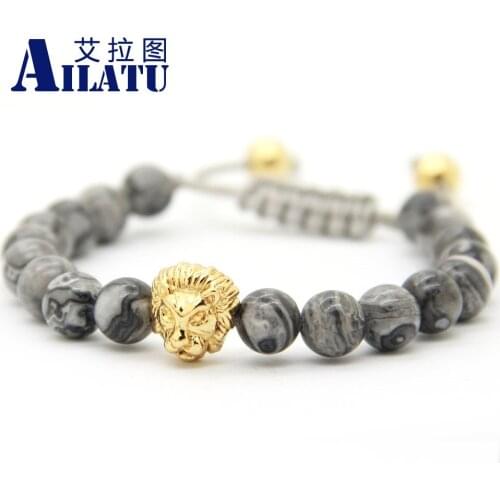 Ailatu New Design Mens Bracelet 8mm Grey Picture Stone Beads Macrame Lion Head Bracelet
