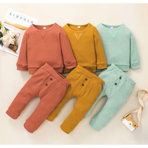 Toddler Infant Baby Girls Boys Clothes Solid Sweatshirt +Buttoned Pants Sets Baby Outfits Winter Childrens Clothing 6-24 Months